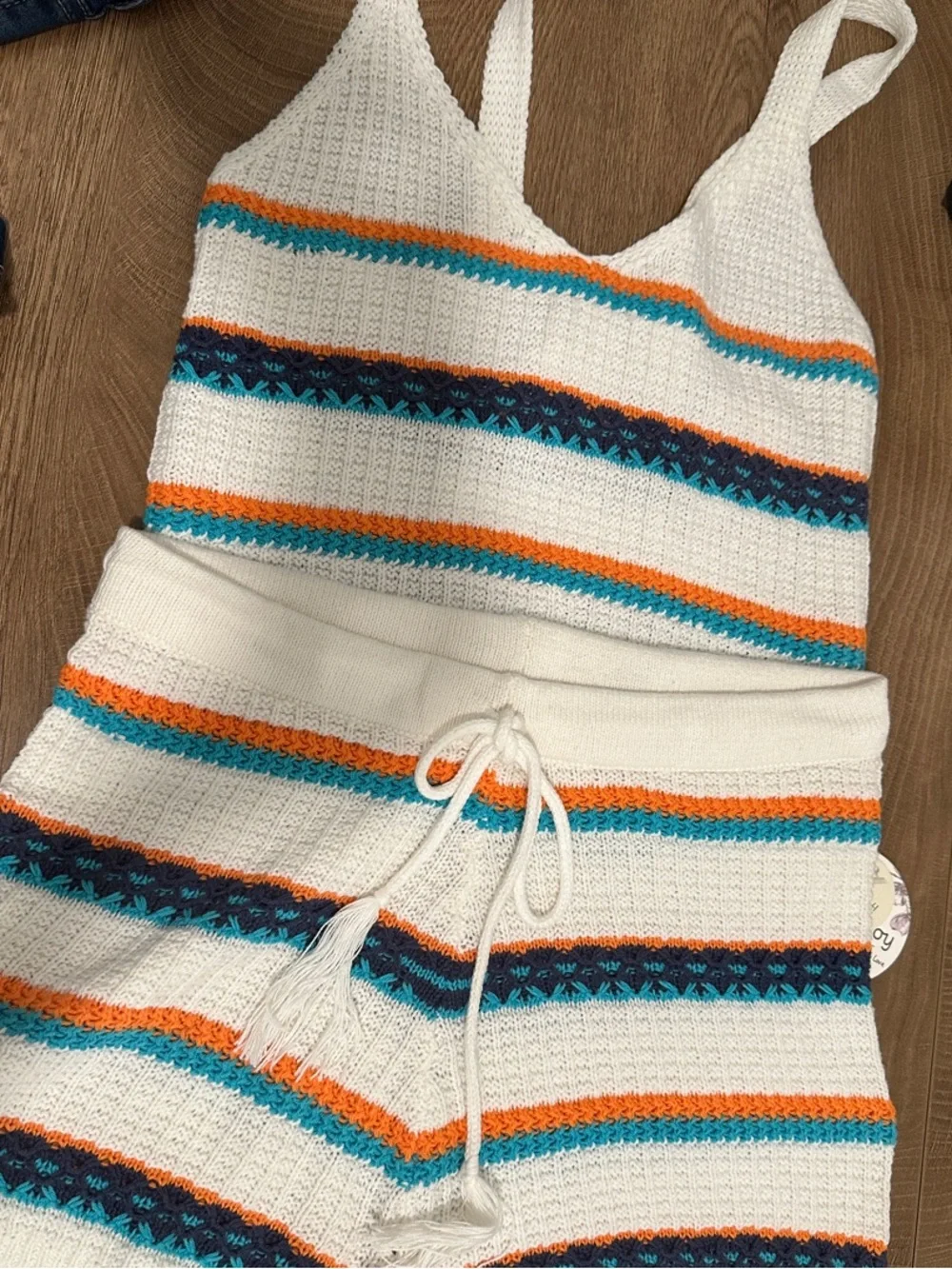 White Knit Two-Piece Tank & Shorts Set with Teal and Orange Stripes